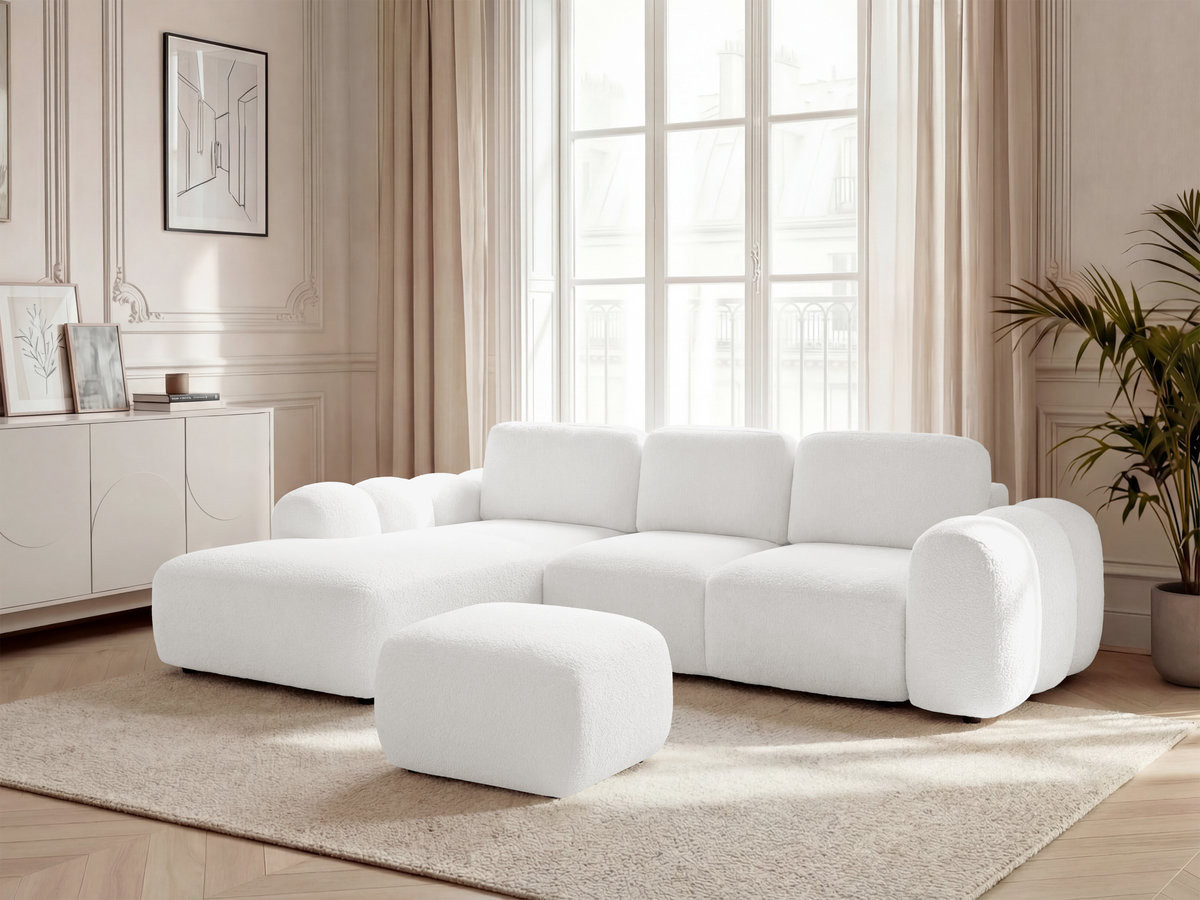 Canapé d'angle convertible coffre grande méridienne MONTAIGNE tissu bouclette avec pouf