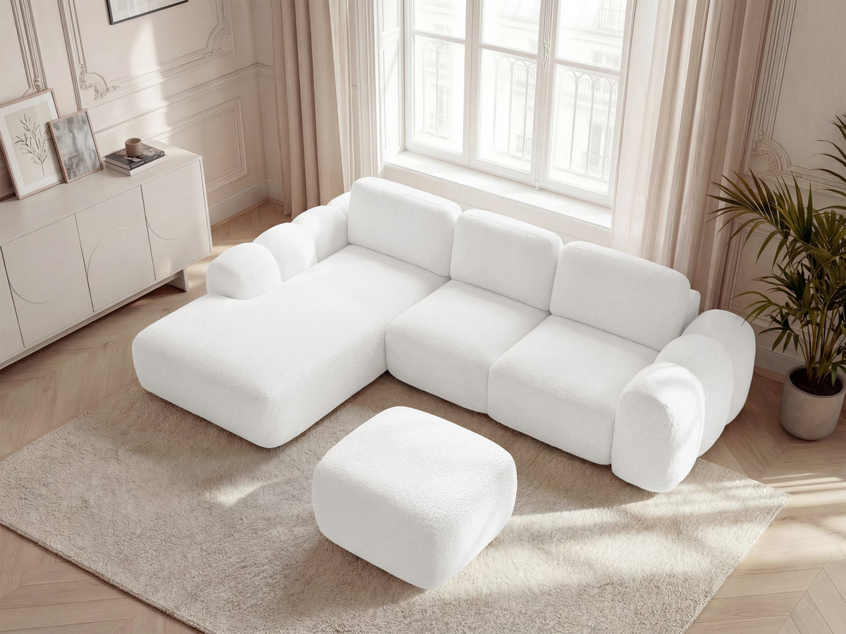 Canapé d'angle convertible coffre grande méridienne MONTAIGNE tissu bouclette avec pouf