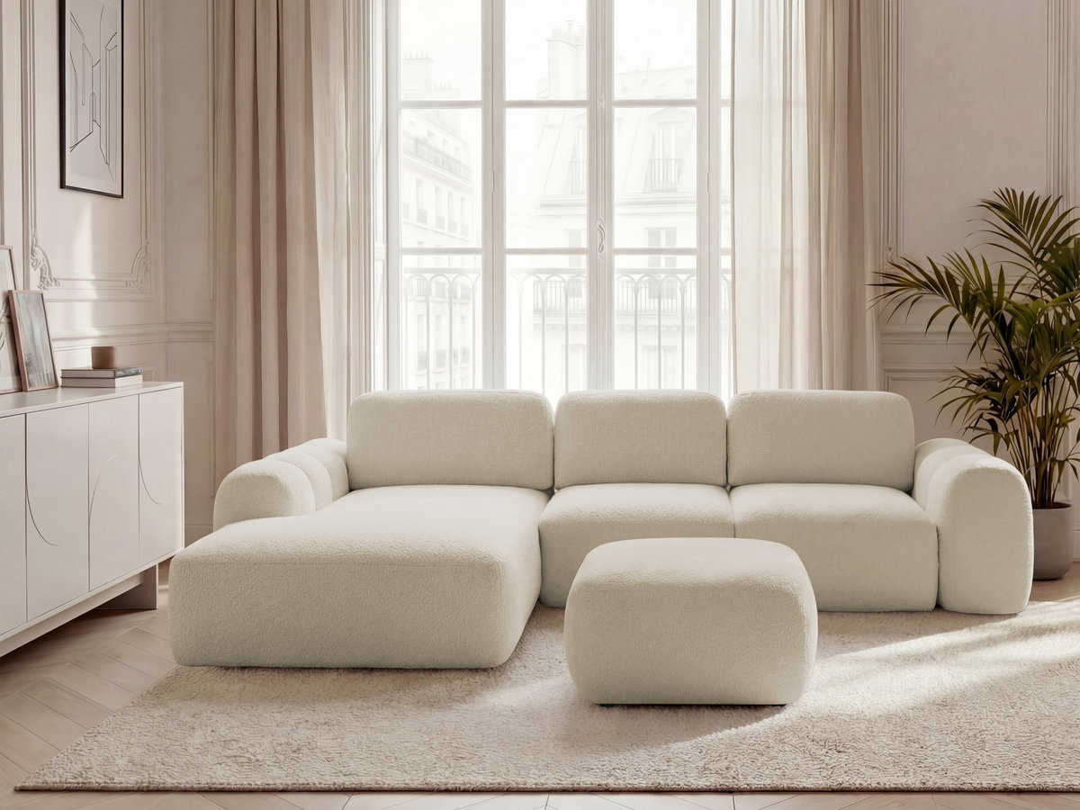 Canapé d'angle convertible coffre grande méridienne MONTAIGNE tissu bouclette avec pouf