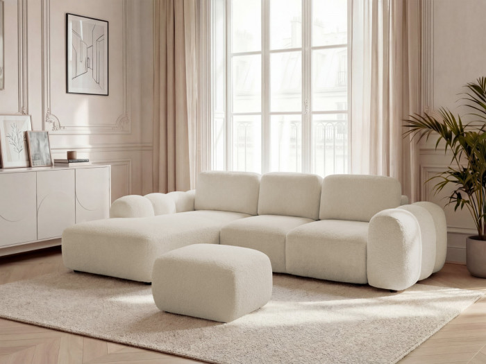 Canapé d'angle convertible coffre grande méridienne MONTAIGNE tissu bouclette avec pouf