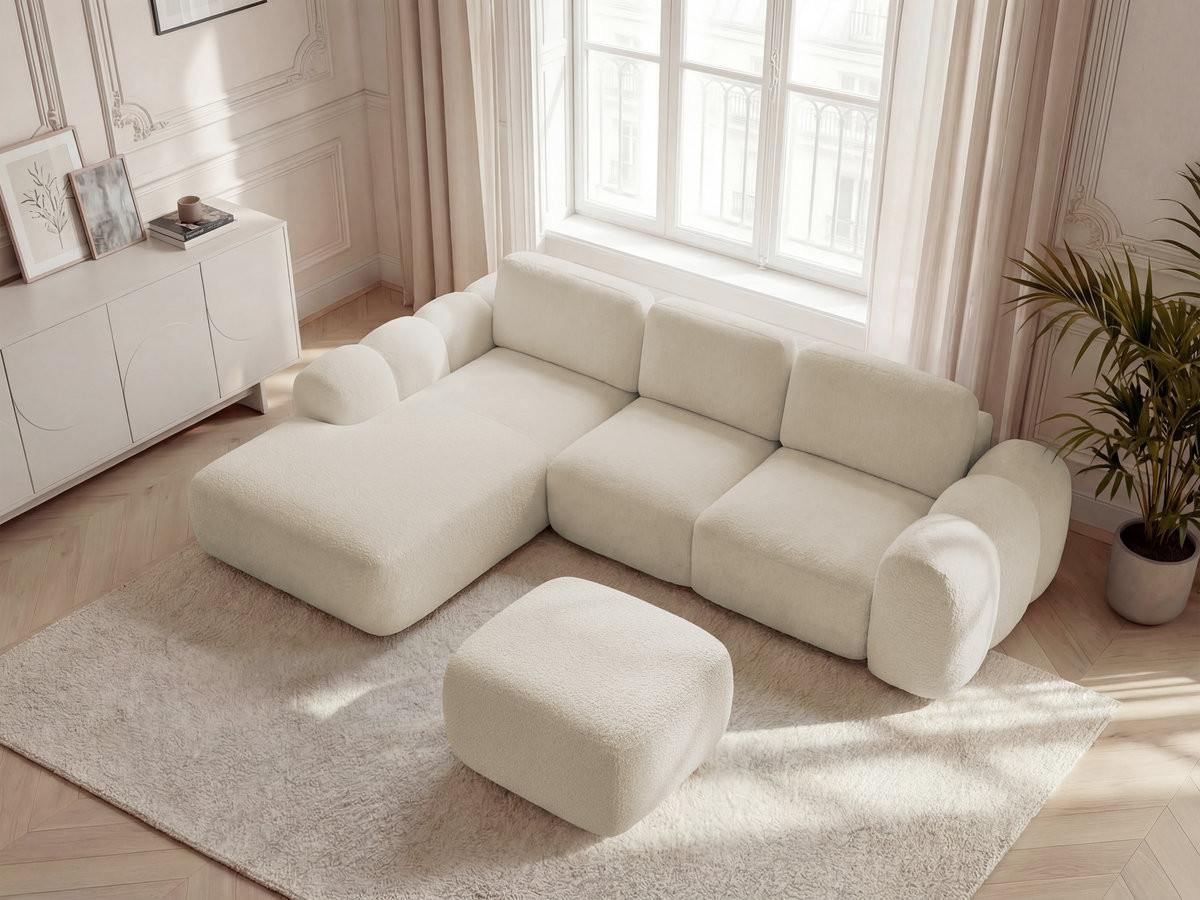 Canapé d'angle convertible coffre grande méridienne MONTAIGNE tissu bouclette avec pouf