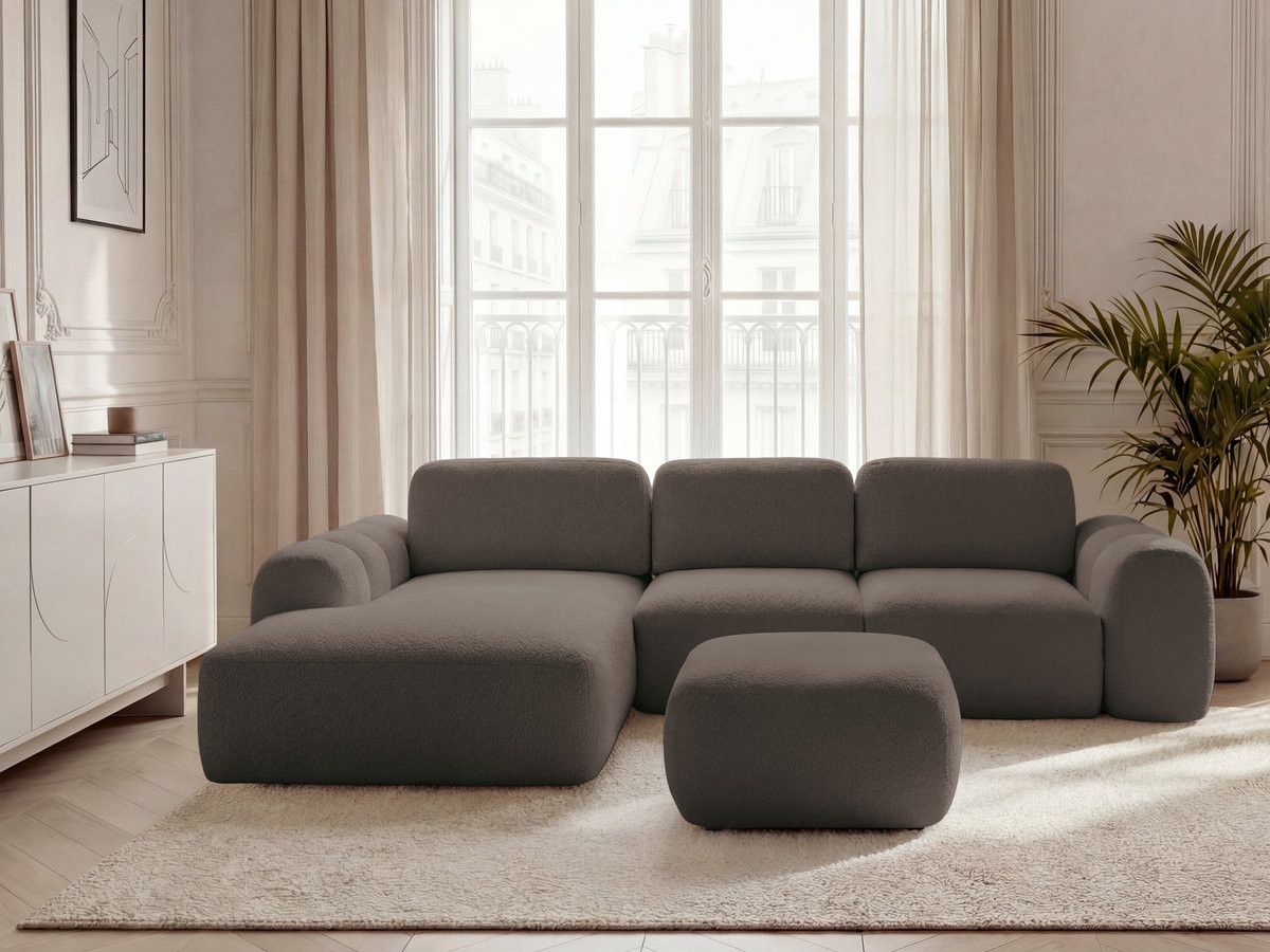 Canapé d'angle convertible coffre grande méridienne MONTAIGNE tissu bouclette avec pouf