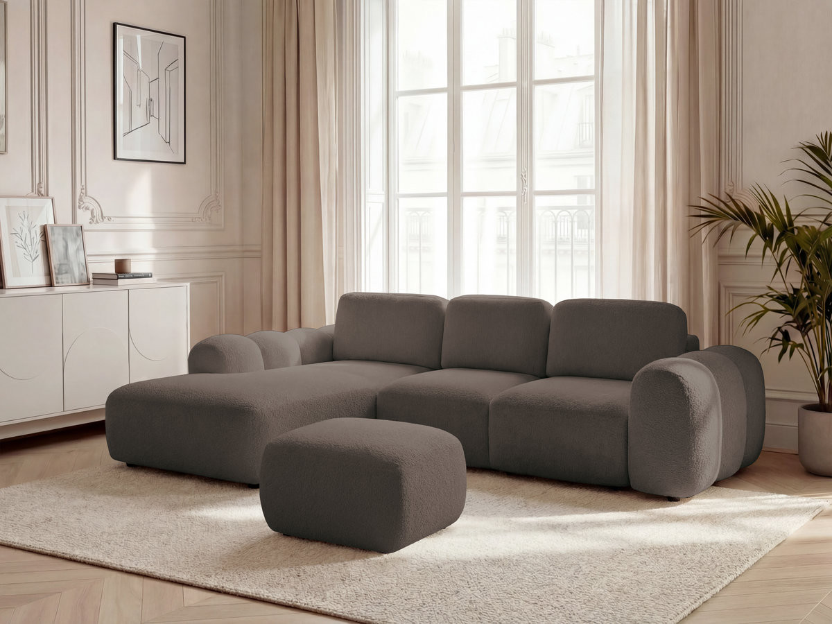 Canapé d'angle convertible coffre grande méridienne MONTAIGNE tissu bouclette avec pouf