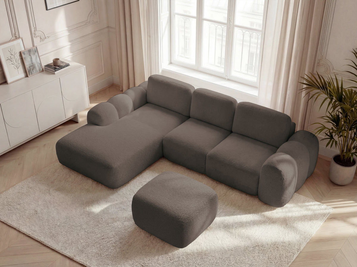 Canapé d'angle convertible coffre grande méridienne MONTAIGNE tissu bouclette avec pouf