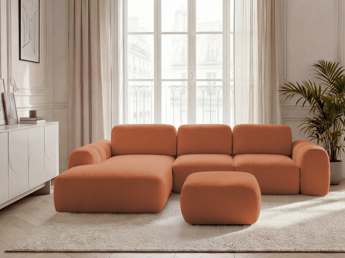 Canapé d'angle convertible coffre grande méridienne MONTAIGNE tissu bouclette avec pouf