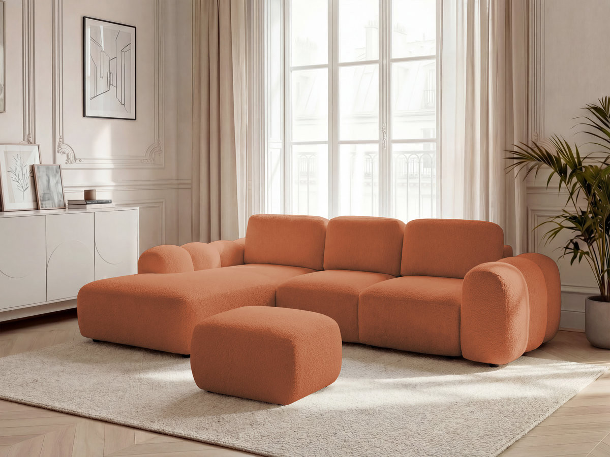 Canapé d'angle convertible coffre grande méridienne MONTAIGNE tissu bouclette avec pouf
