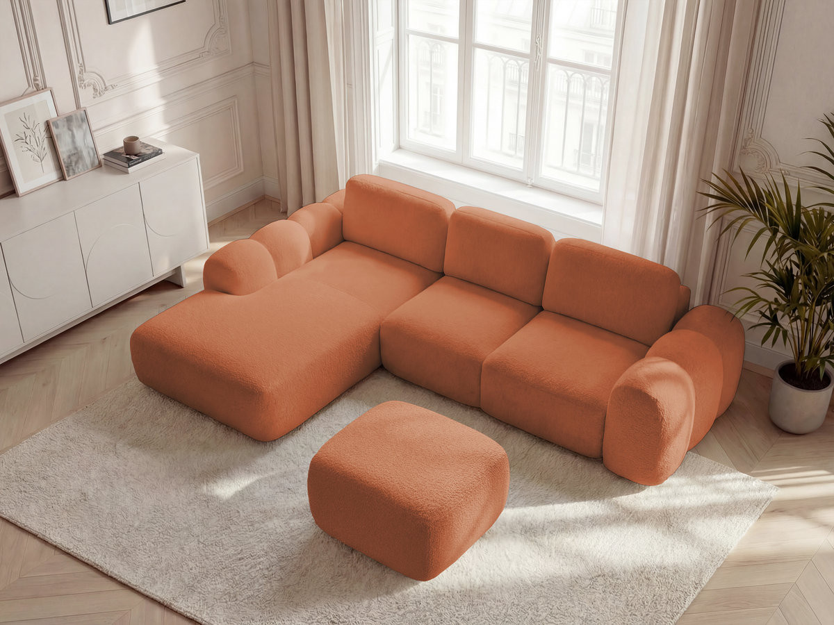 Canapé d'angle convertible coffre grande méridienne MONTAIGNE tissu bouclette avec pouf