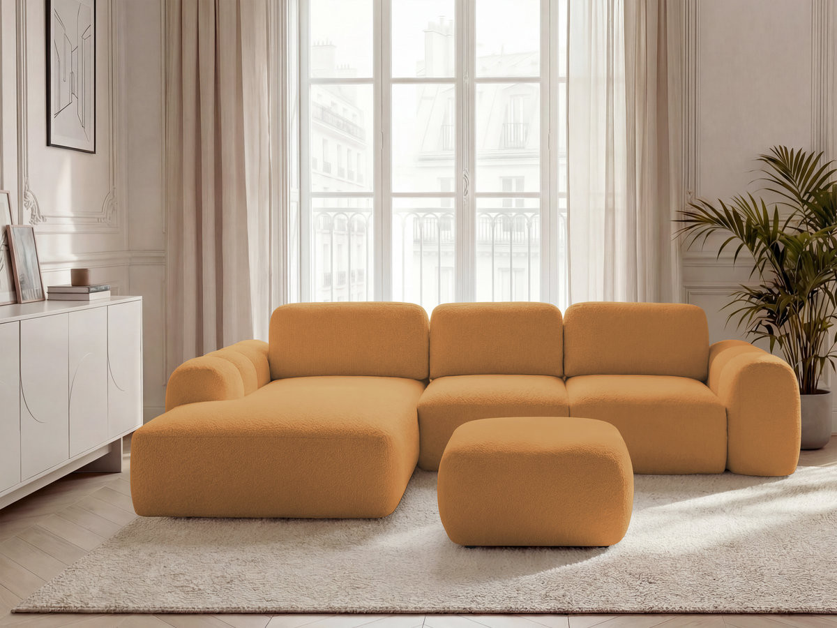 Canapé d'angle convertible coffre grande méridienne MONTAIGNE tissu bouclette avec pouf