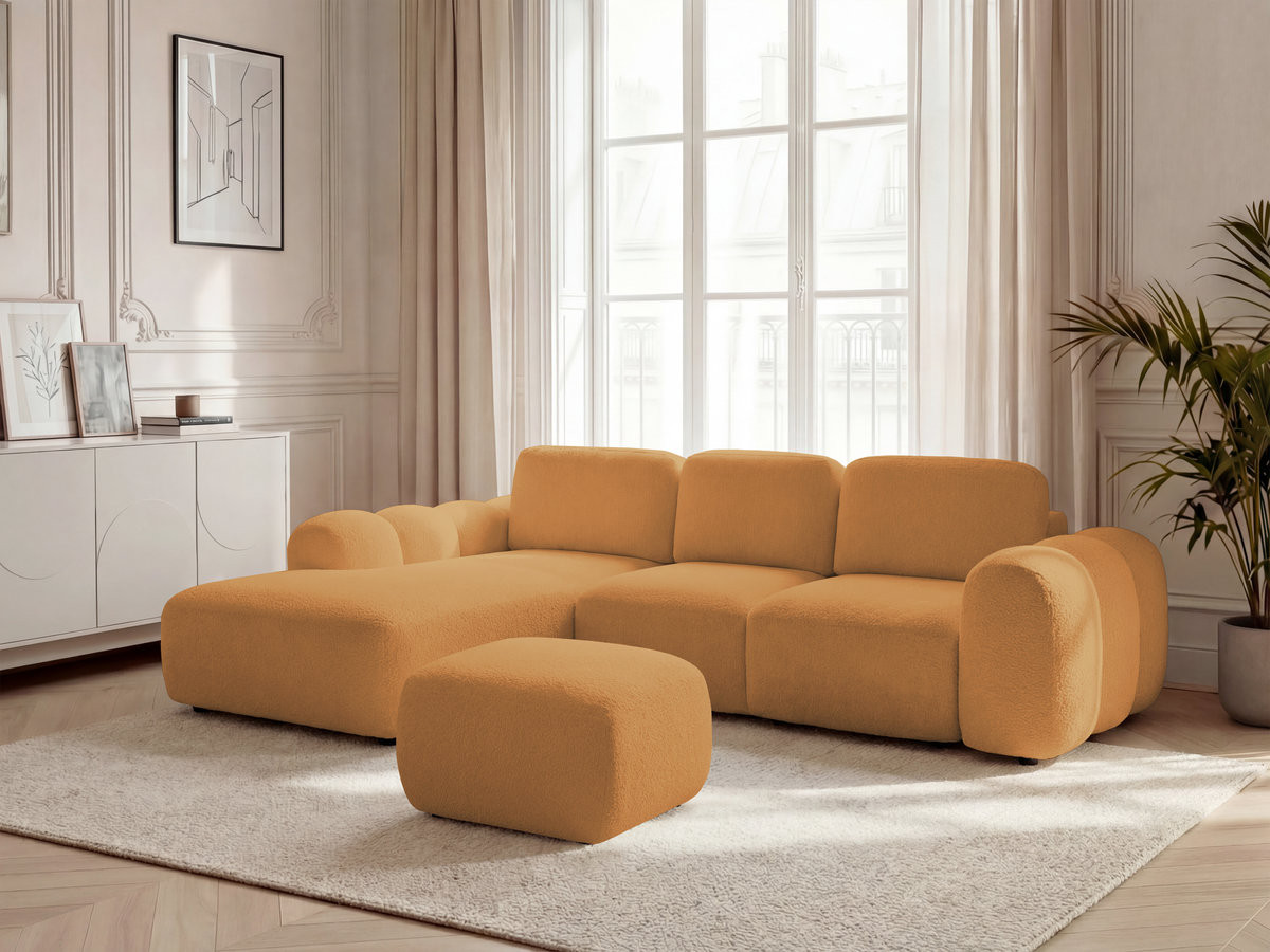 Canapé d'angle convertible coffre grande méridienne MONTAIGNE tissu bouclette avec pouf