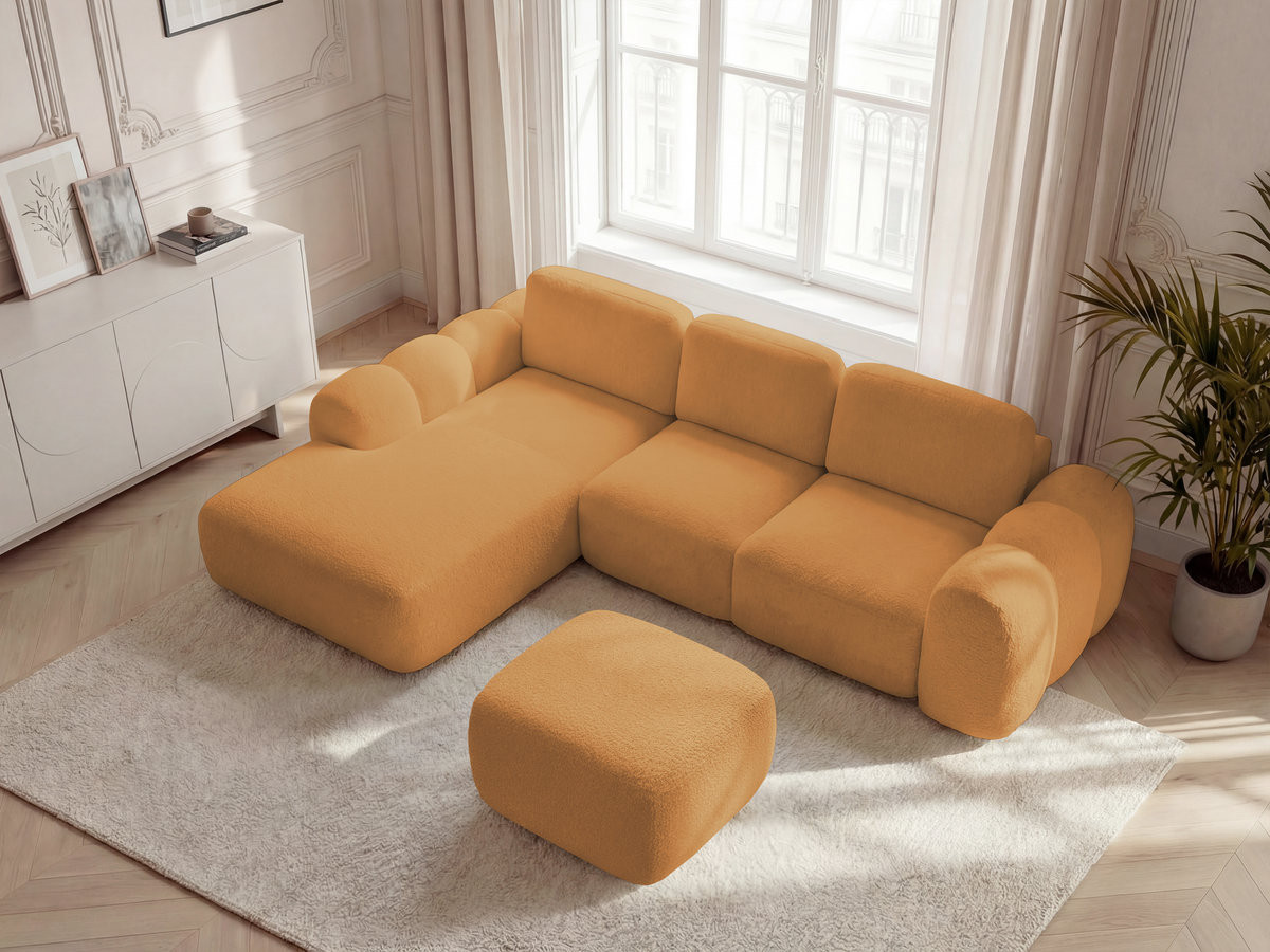 Canapé d'angle convertible coffre grande méridienne MONTAIGNE tissu bouclette avec pouf