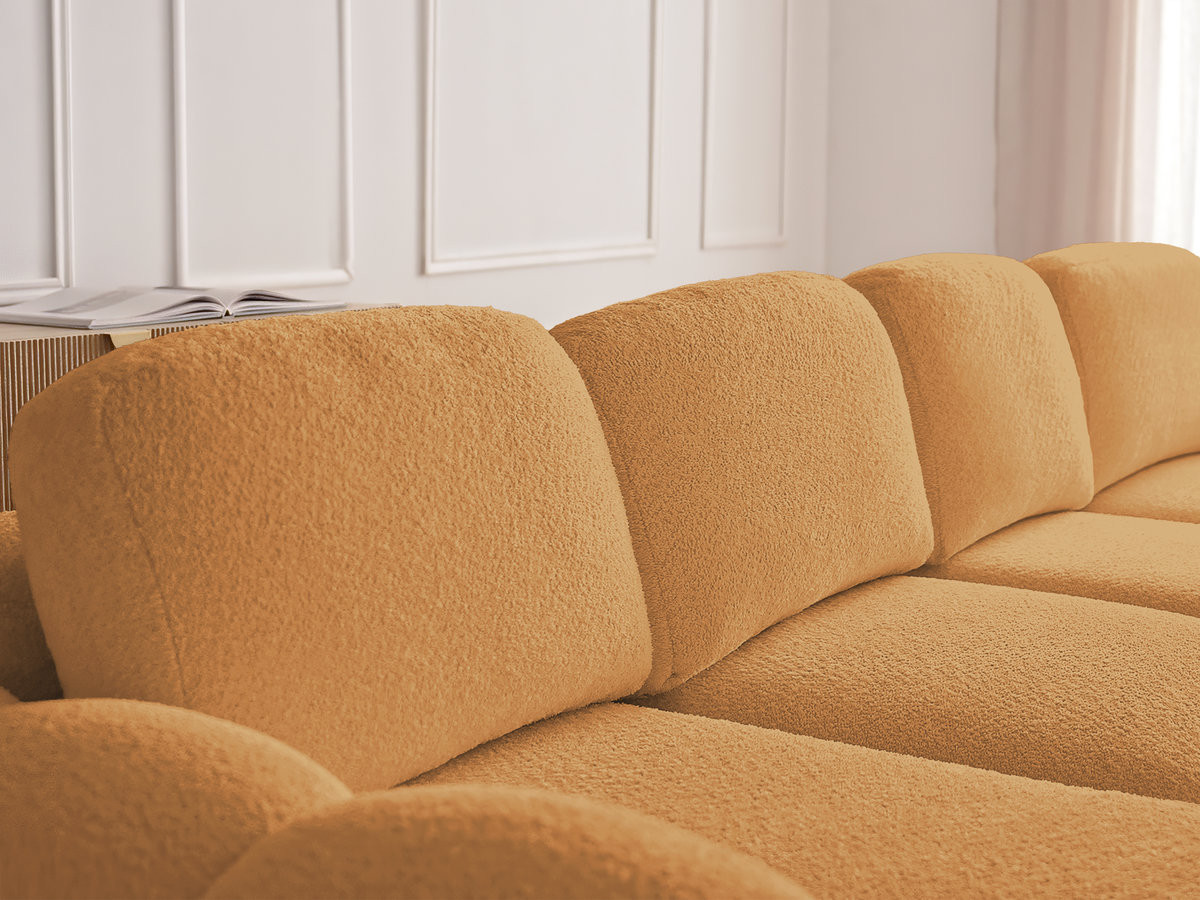 Canapé d'angle convertible coffre grande méridienne MONTAIGNE tissu bouclette avec pouf