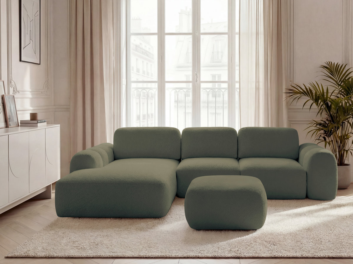 Canapé d'angle convertible coffre grande méridienne MONTAIGNE tissu bouclette avec pouf