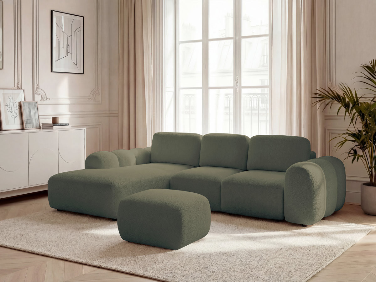 Canapé d'angle convertible coffre grande méridienne MONTAIGNE tissu bouclette avec pouf
