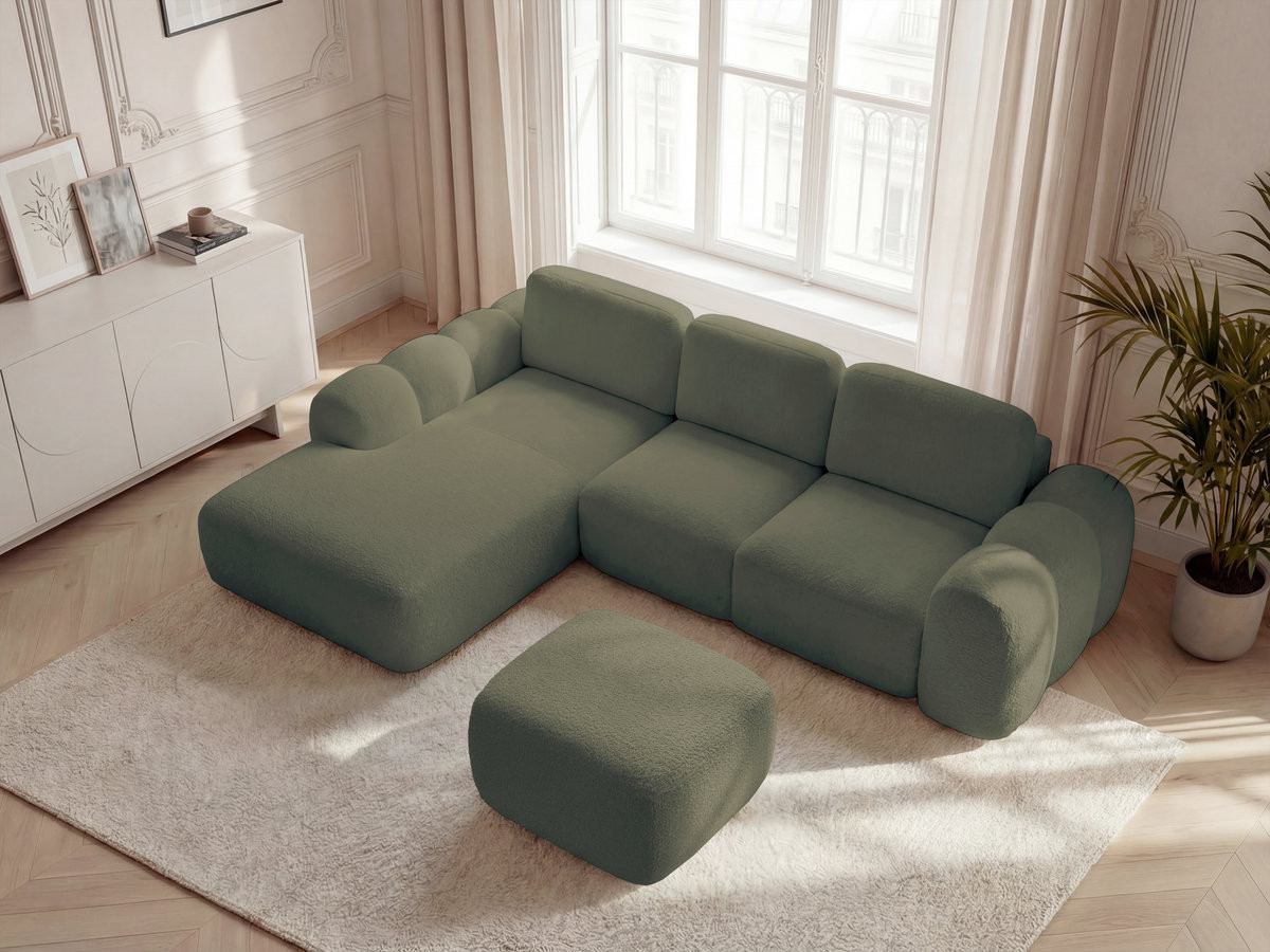 Canapé d'angle convertible coffre grande méridienne MONTAIGNE tissu bouclette avec pouf