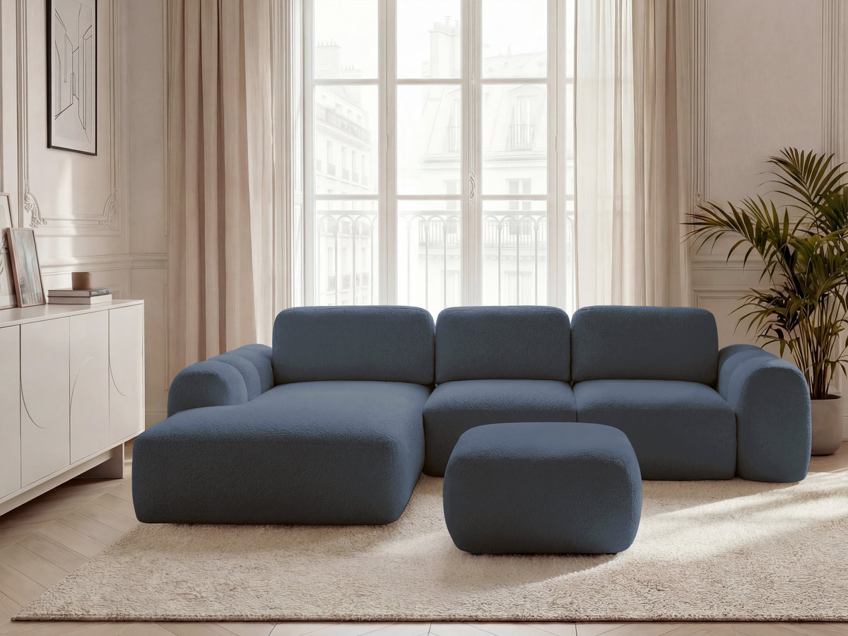 Canapé d'angle convertible coffre grande méridienne MONTAIGNE tissu bouclette avec pouf