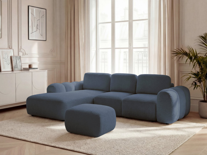 Canapé d'angle convertible coffre grande méridienne MONTAIGNE tissu bouclette avec pouf
