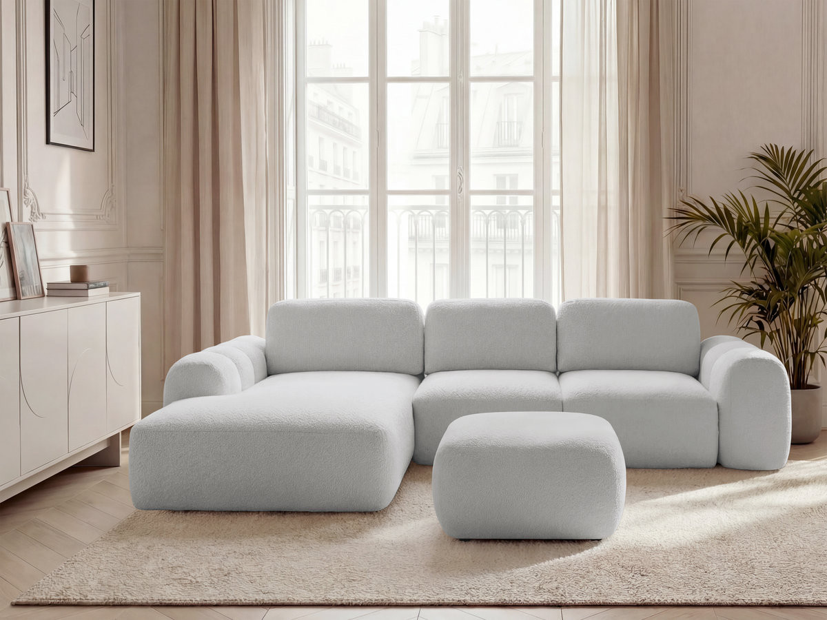 Canapé d'angle convertible coffre grande méridienne MONTAIGNE tissu bouclette avec pouf