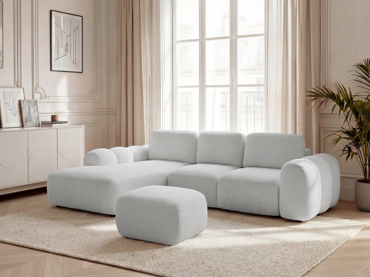 Canapé d'angle convertible coffre grande méridienne MONTAIGNE tissu bouclette avec pouf