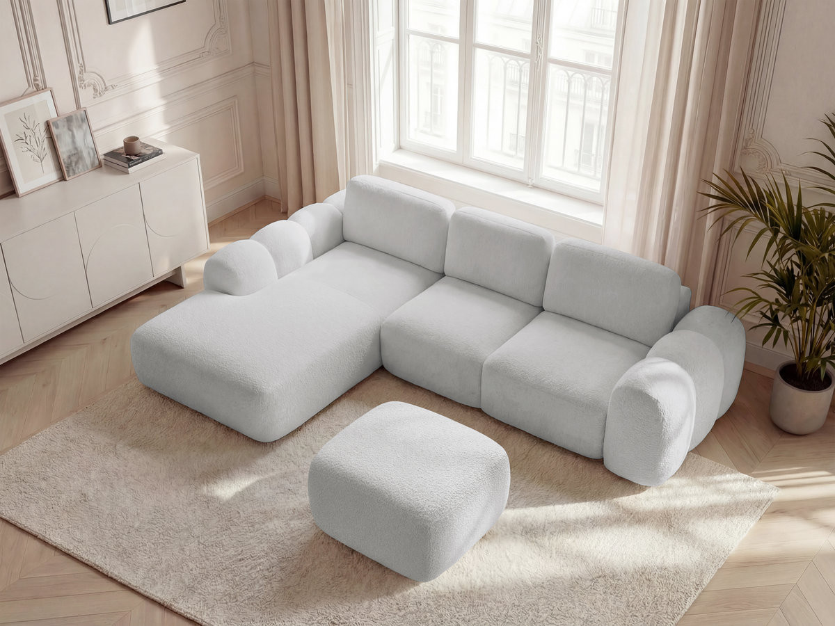 Canapé d'angle convertible coffre grande méridienne MONTAIGNE tissu bouclette avec pouf