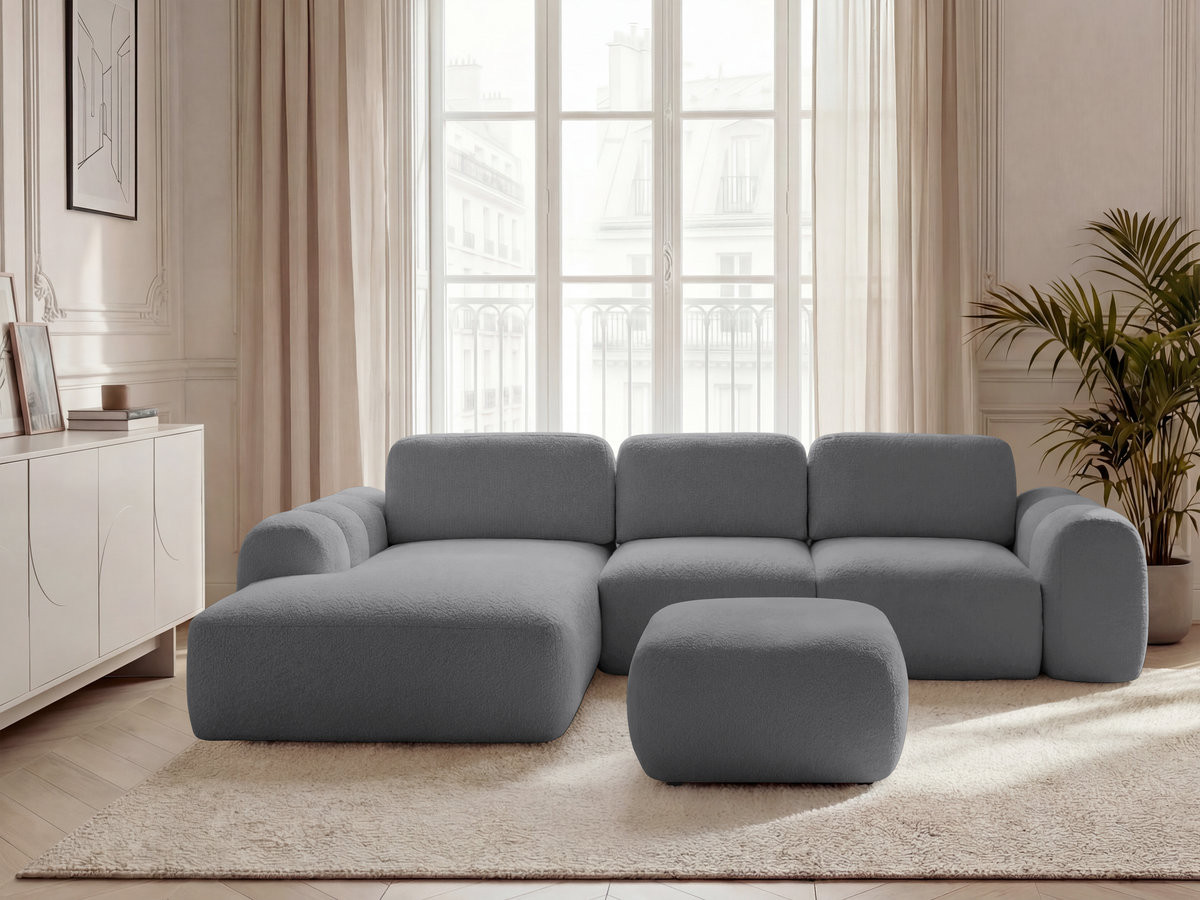 Canapé d'angle convertible coffre grande méridienne MONTAIGNE tissu bouclette avec pouf