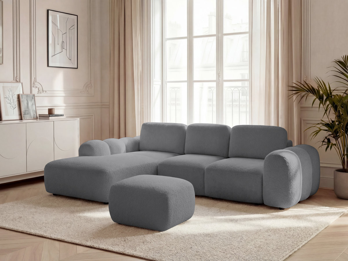 Canapé d'angle convertible coffre grande méridienne MONTAIGNE tissu bouclette avec pouf