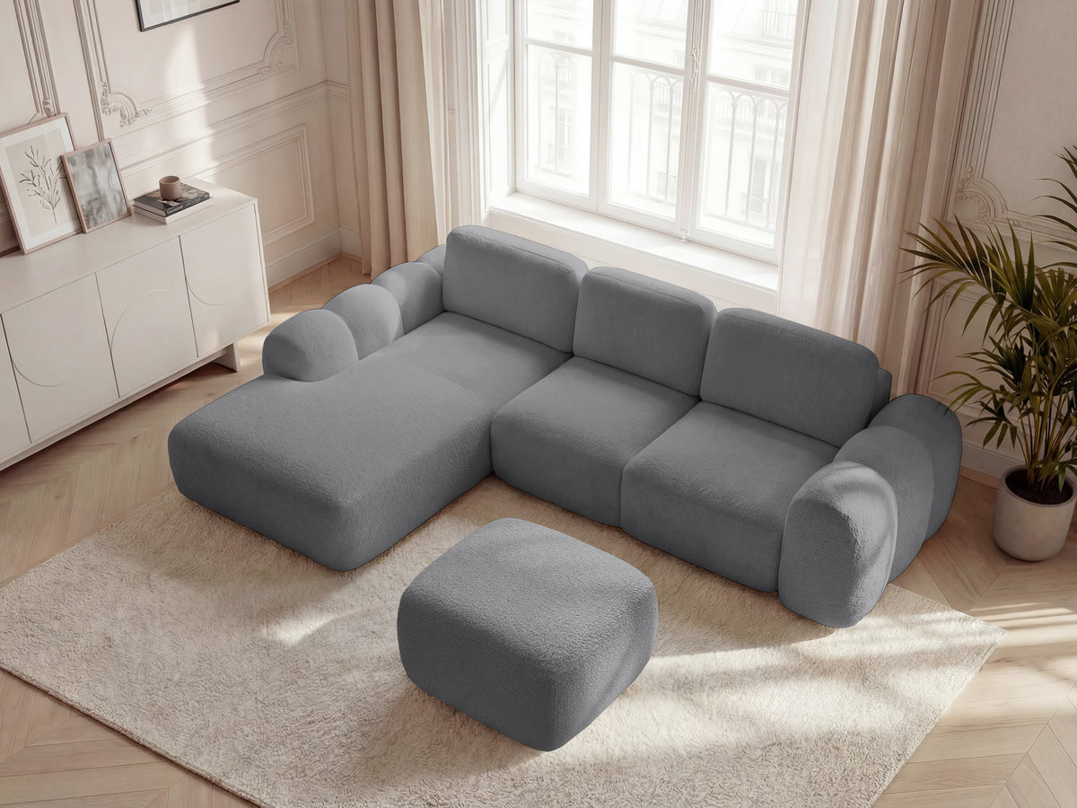 Canapé d'angle convertible coffre grande méridienne MONTAIGNE tissu bouclette avec pouf