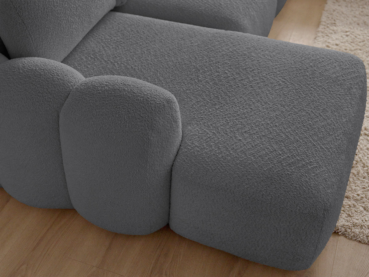 Canapé d'angle convertible coffre grande méridienne MONTAIGNE tissu bouclette avec pouf