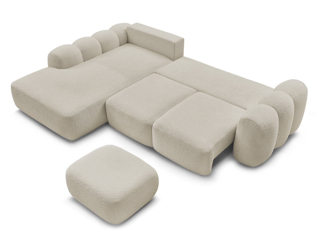 Canapé d'angle convertible coffre grande méridienne MONTAIGNE tissu bouclette avec pouf