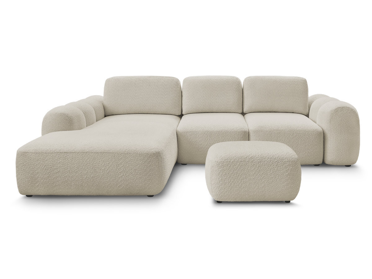 Canapé d'angle convertible coffre grande méridienne MONTAIGNE tissu bouclette avec pouf