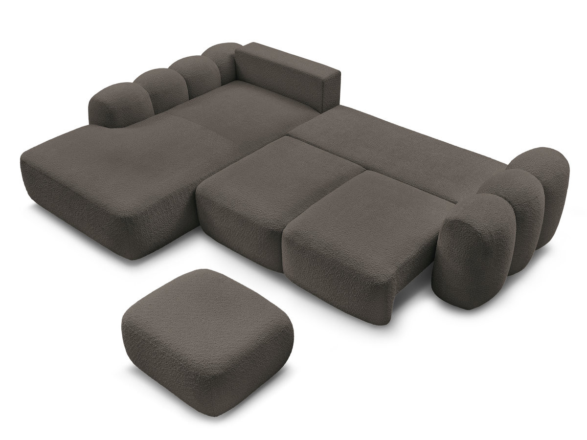 Canapé d'angle convertible coffre grande méridienne MONTAIGNE tissu bouclette avec pouf