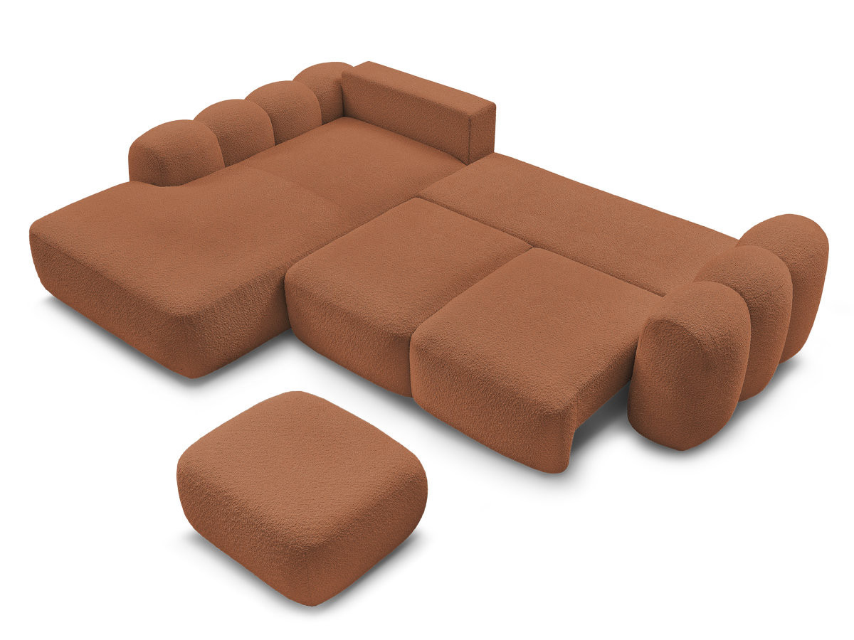 Canapé d'angle convertible coffre grande méridienne MONTAIGNE tissu bouclette avec pouf