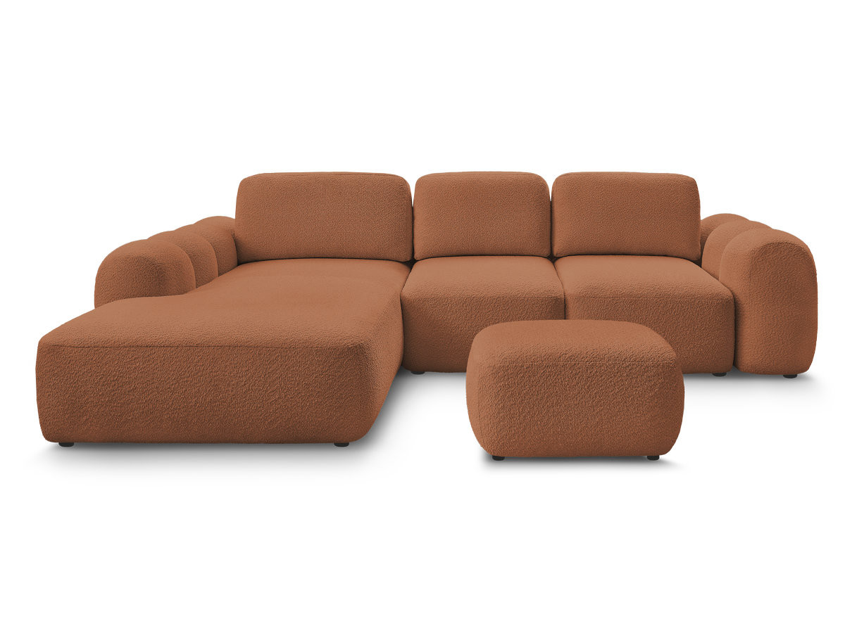 Canapé d'angle convertible coffre grande méridienne MONTAIGNE tissu bouclette avec pouf