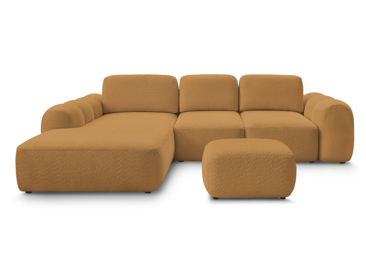 Canapé d'angle convertible coffre grande méridienne MONTAIGNE tissu bouclette avec pouf