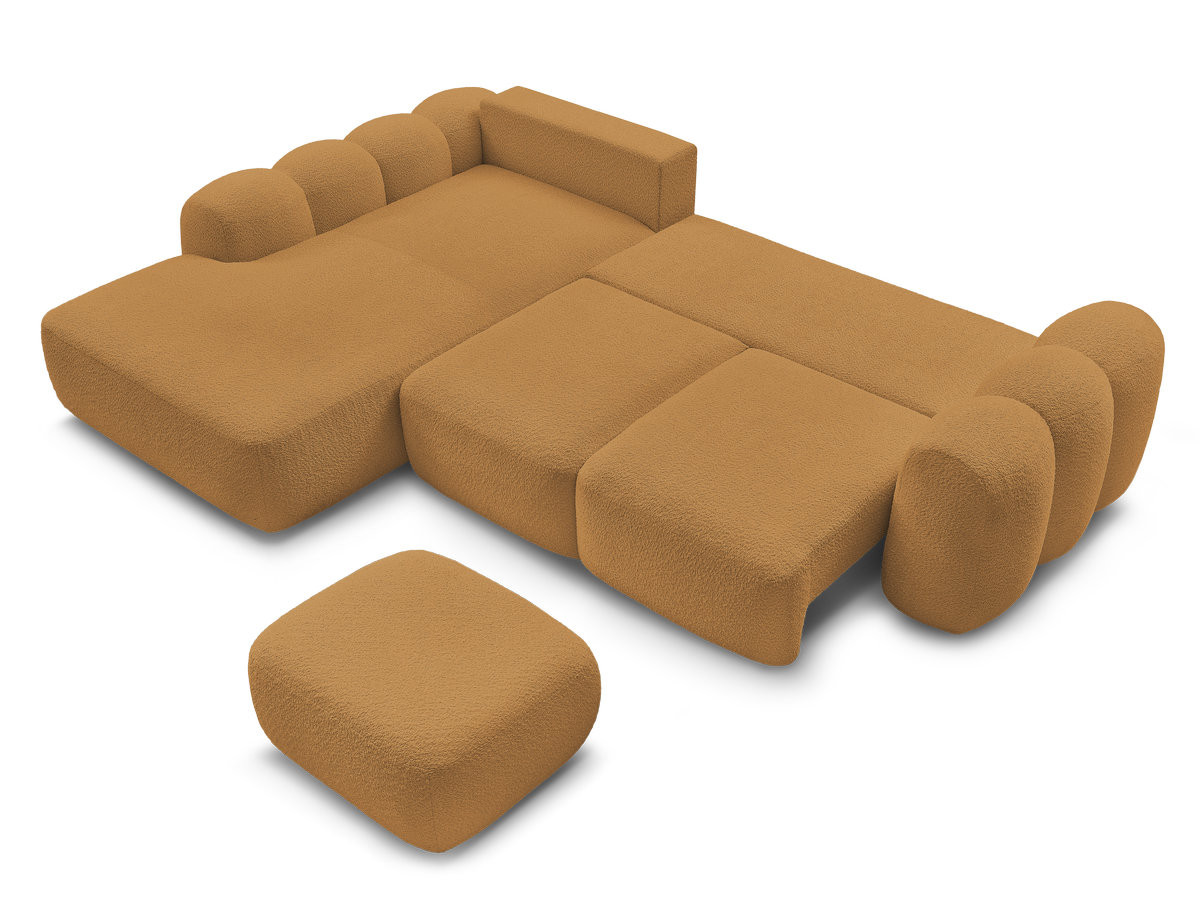 Canapé d'angle convertible coffre grande méridienne MONTAIGNE tissu bouclette avec pouf