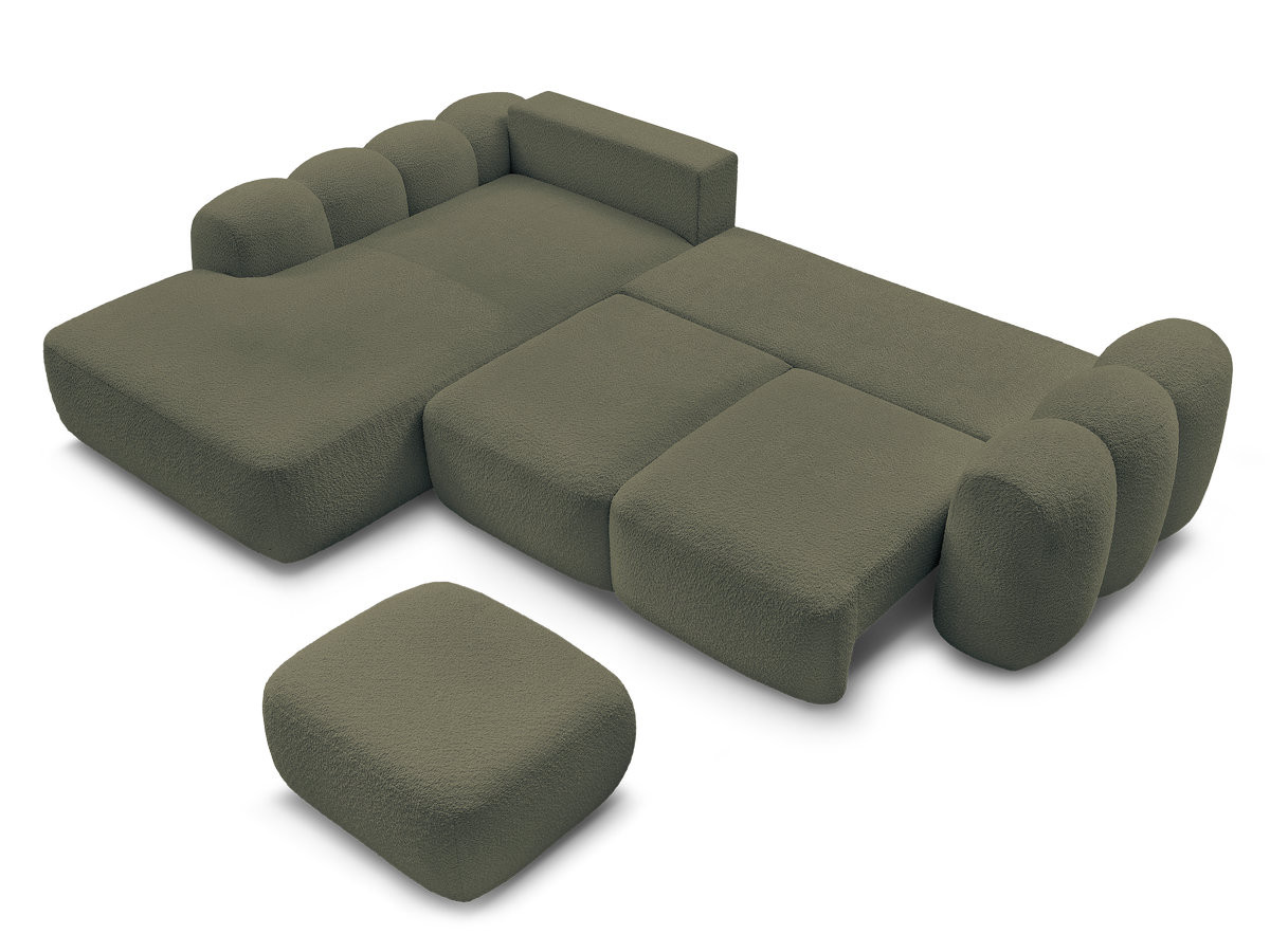 Canapé d'angle convertible coffre grande méridienne MONTAIGNE tissu bouclette avec pouf