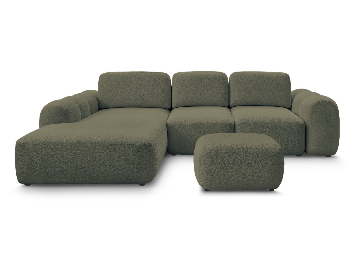 Canapé d'angle convertible coffre grande méridienne MONTAIGNE tissu bouclette avec pouf