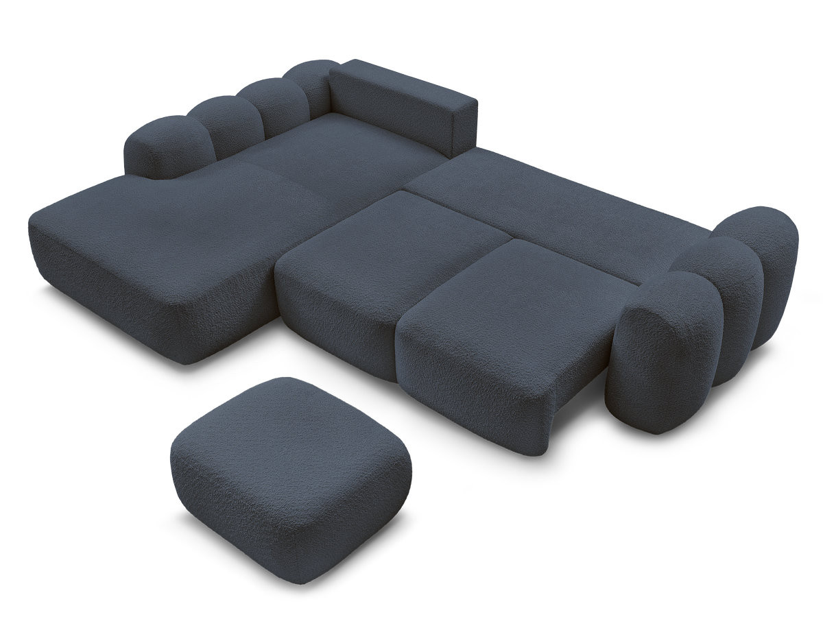 Canapé d'angle convertible coffre grande méridienne MONTAIGNE tissu bouclette avec pouf