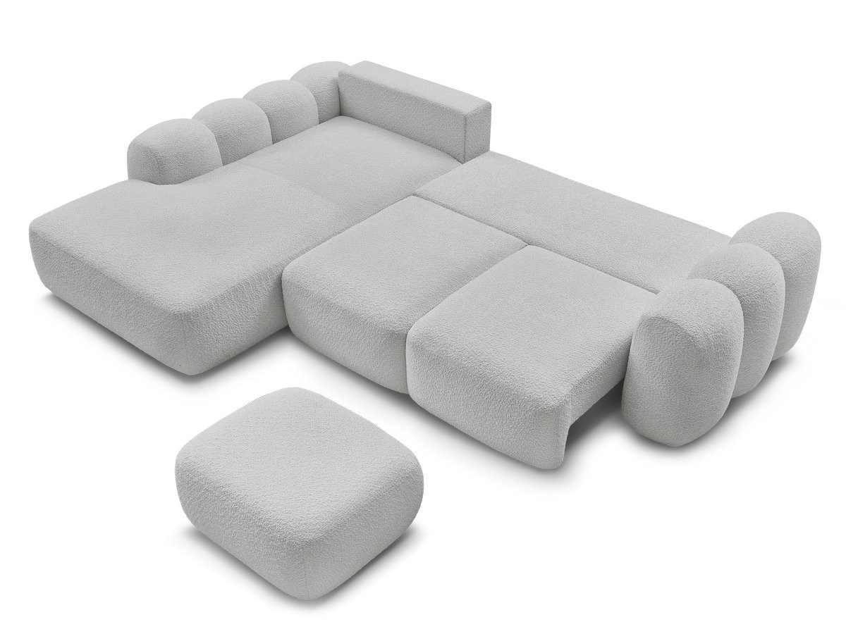 Canapé d'angle convertible coffre grande méridienne MONTAIGNE tissu bouclette avec pouf