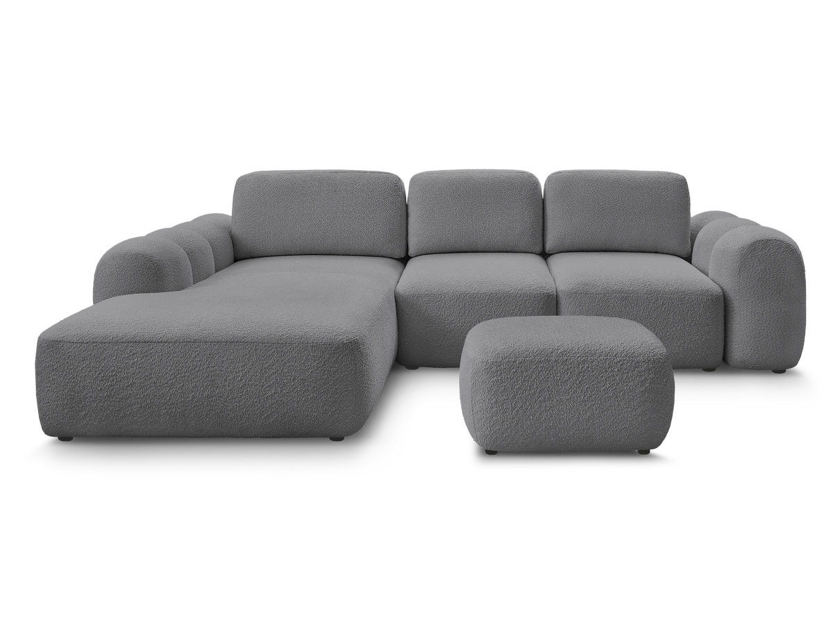 Canapé d'angle convertible coffre grande méridienne MONTAIGNE tissu bouclette avec pouf