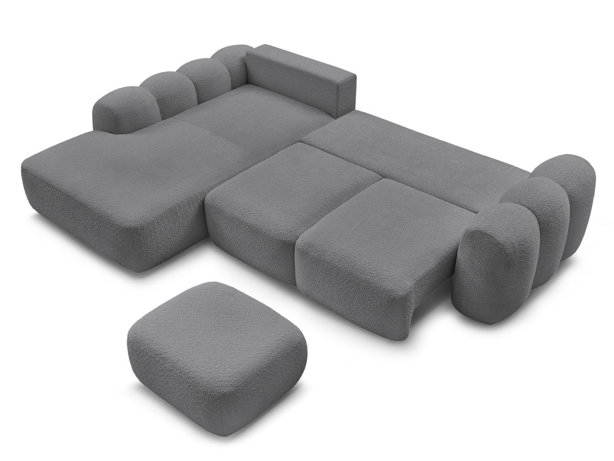 Canapé d'angle convertible coffre grande méridienne MONTAIGNE tissu bouclette avec pouf