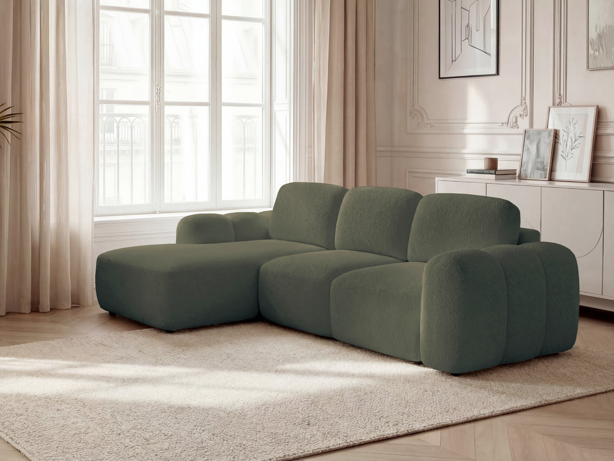 Canapé d'angle convertible coffre MONTAIGNE tissu bouclette vert angle gauche BOBOCHIC 4 places