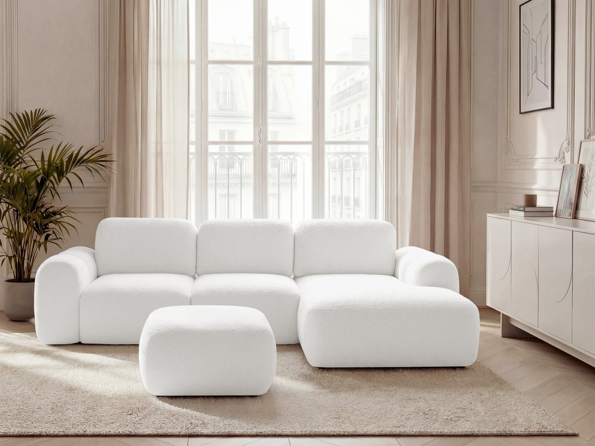 Canapé d'angle convertible coffre MONTAIGNE bouclette avec pouf blanc — vue 4