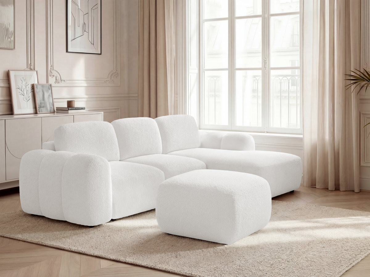 Canapé d'angle convertible MONTAIGNE tissu bouclette avec pouf