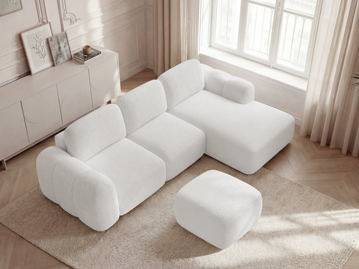 Canapé d'angle convertible coffre MONTAIGNE tissu bouclette avec pouf