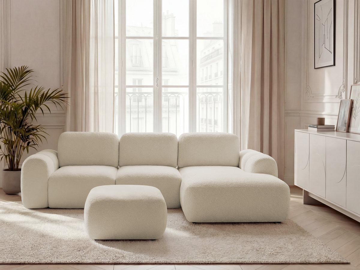 Canapé d'angle convertible coffre MONTAIGNE bouclette avec pouf beige — vue 4