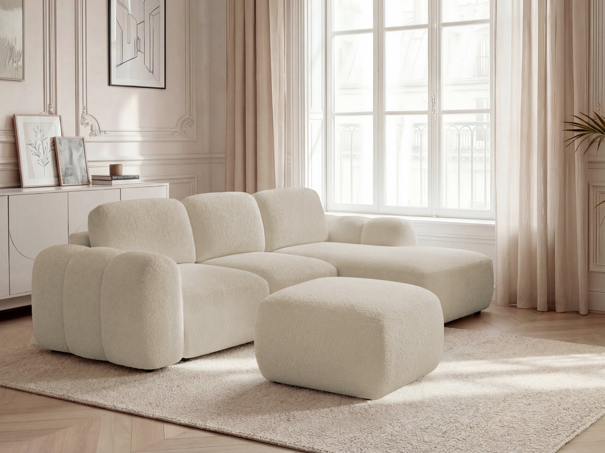 Canapé d'angle convertible coffre MONTAIGNE bouclette avec pouf beige