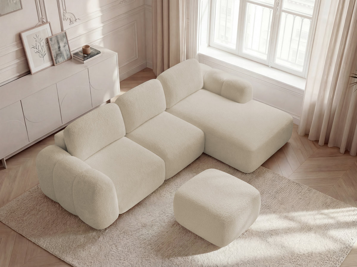 Canapé d'angle convertible coffre MONTAIGNE tissu bouclette avec pouf