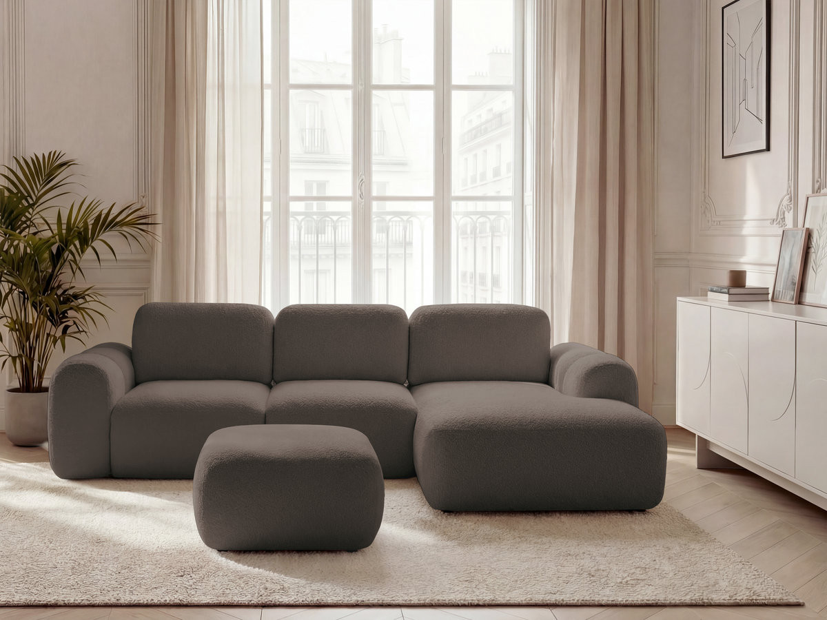 Canapé d'angle convertible coffre MONTAIGNE bouclette avec pouf marron — vue 4