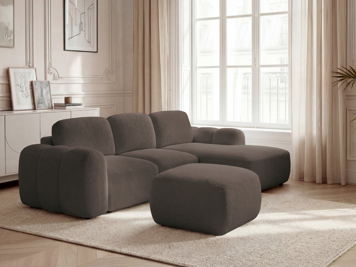 Canapé d'angle convertible coffre MONTAIGNE tissu bouclette avec pouf