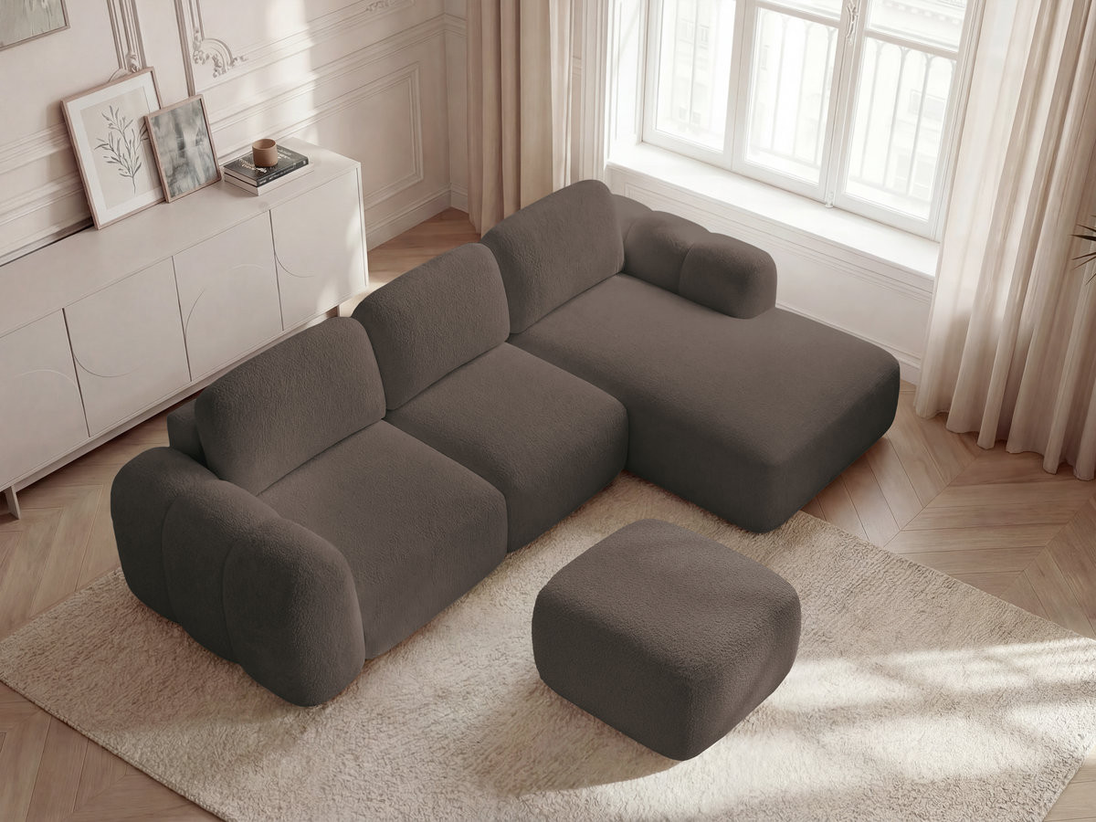 Canapé d'angle convertible coffre MONTAIGNE tissu bouclette avec pouf